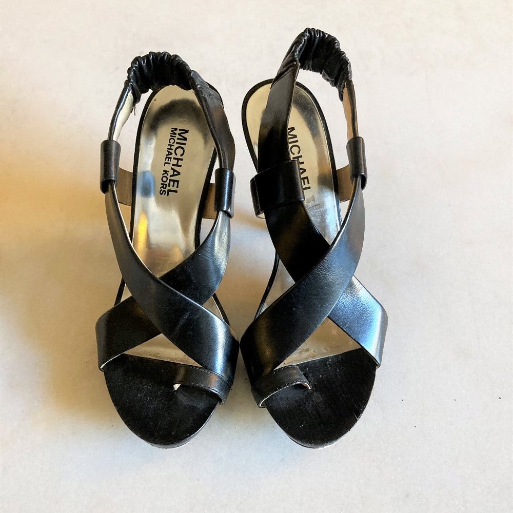 Michael Kors black leather sandals, cross over straps, high heel shoes / sandal